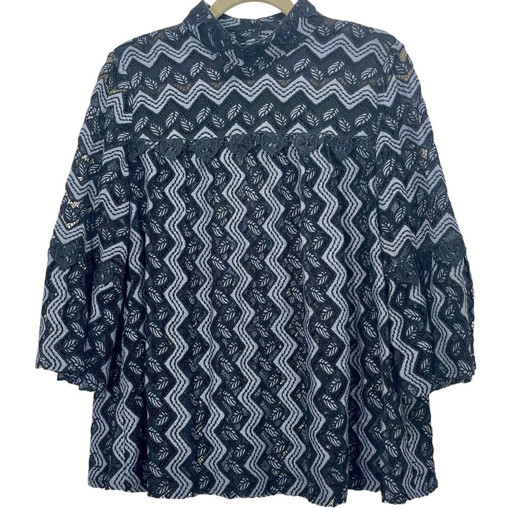 Anna Sui Chevron Lace Top Blue Black Bell Sleeve High Neck Gothic Size Large